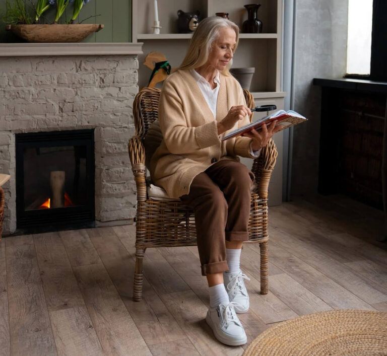 older woman reading by fireplace